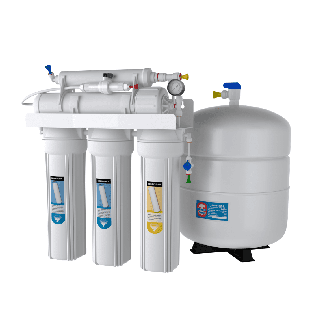 Five-stage reverse osmosis system with pressurized storage tank and dedicated faucet